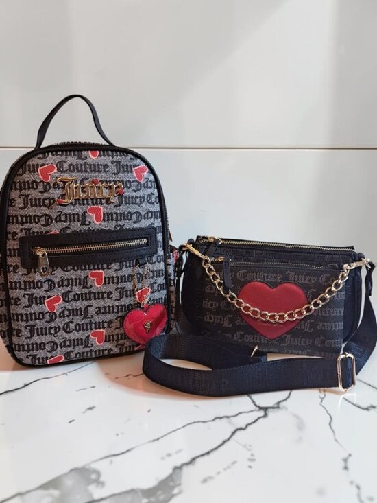 Juicy Couture Black, Beige, w/Red Hearts Backpack & Crossbody Bundle Set